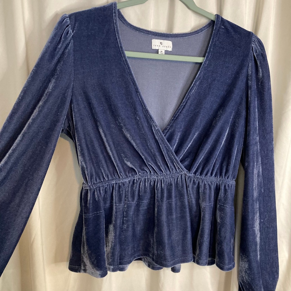 Blue Crushed Velvet Peplum Top Surplice V-Neck Puff Sleeve True Craft Women M - Picture 2 of 9